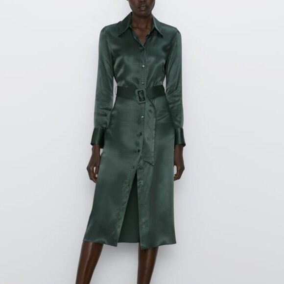 Hunter Green Silky Collared Midi Dress - Picture 1 of 5